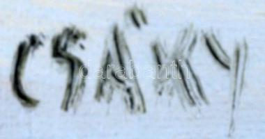 Csáky Lajos(1950-): Jelenetek a felhők, fák életéből III. Olaj, farost, fa keretben, jelzett, 80×40 ...