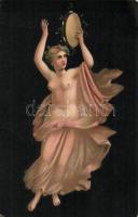 Tänzerin mit Tamburin / Erotic nude art postcard, litho s: Pompeji