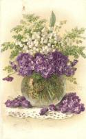 Flowers, Lily of the valley and viola in a vase, litho, A. & M.B. No. 114, s: Paul de Longpie