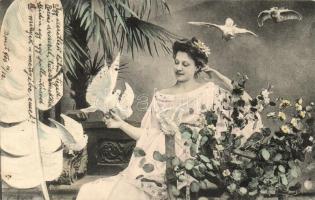 Lady with doves, feather, published E. Ernst (EK)
