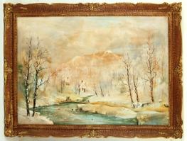 Neogrády jelzéssel: Téli táj házakkal. Olaj, vászon, foltos, keretben, 60×80 cm