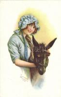 Lady in blue dress with donkey, L&P No. 286/1., s: Laurence Miller