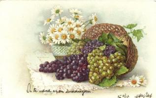 Flowers, Daisies with grapes, litho greeting card, A. & M.B. (EB)