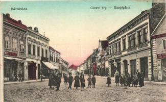 Szávaszentdemeter, Sremska Mitrovica; Főtér, Mitrovicai Takarékpénztár, a hátoldalon 'M.kir. szabadkai 6. népfölkelő parancsnokság' pecsételéssel / main square, savings bank, World War I military command cancellation on the backside (EB)