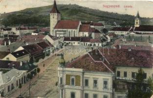 Nagyenyed, Aiud; Főtér, a vár a keleti, nyugati és déli bástyákkal, Gazdasági bank, kiadja Földes Ede / main square, castle with towers, bank (EB)