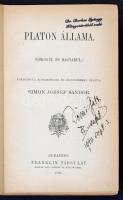 Platon állama. Görögül és magyarul. Ford. bev. és jegyzetekkel ellátta Simon József Sándor. Bp. 1904. Franklin-Társulat. XXXI, 814 p. 1 sztl. lev. Korabeli kopottas, kissé laza félvászonkötésben, több helyütt aláhúzásokkal, jegyzetekkel. Tulajdonosi bejegyzéssel-pecséttel.