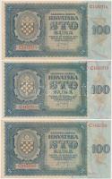 Független Horvát Állam 1941. 100K (5x) közte 3+2 sorszámkövető T:I- Independent State of Croatia 1941. 100 Kuna (5x) with 3+2 sequential serials C:AU