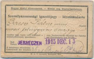 1915 Személyazonossági igazolójegy, Magyar királyi államvasutak, arcképes igazolvány, 10x6cm