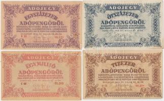 1946. 10db-os vegyes magyar adópengő bankjegy tétel, közte fordított címeres, sorozat- és sorszám né...