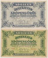 1946. 10db-os vegyes magyar adópengő bankjegy tétel, közte fordított címeres, sorozat- és sorszám né...