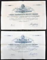 Békés 1899-1912. A Békési Takarékpénztár Részvény-Társaság (2x) részvénye 100K-ról, szelvényekkel, egyik bélyegekkel T:III Hungary / Békés 1899-1912. Savings Bank and Stock Company of Békés (2x) share about 100 Korona with coupons, one with stamps C:F