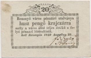 Rozsnyó 1849. 20kr Rozsnyó város pénztári utalványa a husz ékezet hiányos T:III Hungary / Rozsnyó 1849. 20 Krajcár Cash voucher of the city of Rozsnyó missing accent from husz C:F ROZ-2.1