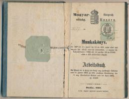 1872 Munkakönyv magyar ill., német nyelven, okmánybélyeggel, (15kr.), kissé viseltes fedőborítóval, ...