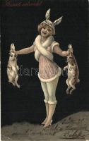 'Húsvéti üdvözlet' / Lady in rabbit costume holding rabbits, golden decoration, litho (r)