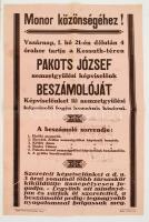 cca 1922-1925 Monor, Meghívó Pakots József nemzetgyűlési képviselő beszámolójára, meghívott vendég Kéthly Anna, nagyméretű plakát, hajtott, 47x31 cm