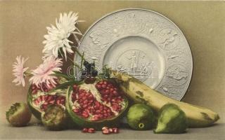 Pomegranate fruit still life with a silver plate, Martin Rommel & Co. Hofkunstanstalt No. 636