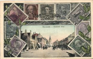 Hodonín, Rinková ulica, Hotel Europa, postove znamky; nakladatel K. Fürst / street view, set of Austrian stamps