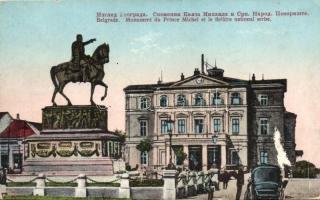 Belgrade, Monument du Prince Michel et le théatre national serbe / Statue of Prince Mihailo Obrenovic III., Serbian National Theater, horse carriage (small tear)