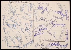 1954 Az Aranycsapat és az olasz labdarúgó válogatott tagjai által aláírt képeslap a football világbajnokságról. / 1954 Autograph signed postcard. Members of the Hungarian and Italian football team from the football World Cup.