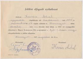 1947 A Magyar Kommunista párt jelölést elfogadó nyilatkozata Gerő Ernő és Nagy Imre későbbi miniszterelnök saját kezű aláírásával