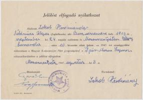 1947 A Magyar Kommunista párt jelölést elfogadó nyilatkozata Gerő Ernő és Nagy Imre, késöbbi miniszterelnök saját kezű aláírásával