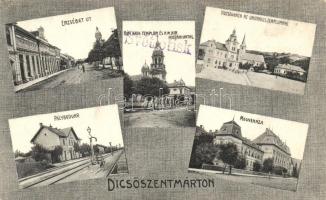 Dicsőszentmárton, Mozaiklap vasútállomással; kiadja Szathmáry papíráruháza / multi-view with railway station