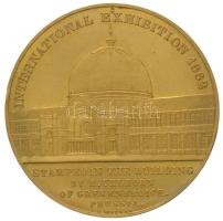 Nagy Britannia / London (South Kensington) 1862. "Nemzetközi Kiállítás" aranyozott fém emlékérem eredeti dísztokban. Szign.: Jacques Wiener (41mm) T:2 ph. Great Britain / London (South Kensington) 1862. "International Exhibition" gilt metal commemorative medallion with the picture of the inside and outside of the International Exhibition Building. "INTERNATIONAL EXHIBITION 1862. STAMPED IN THE BUILDING BY H. UHLHORN OF GREVENBROICH, PRUSSIA" in original case Sign: Jacques Wiener (41mm) C:XF edge error