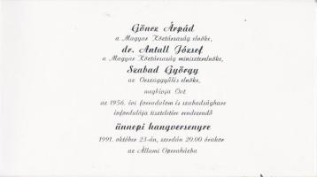 1991. október 23. Meghívó az Állami Operaházban megrendezett 56-os ünnepi hangversenyre, programfüzettel, jeggyel