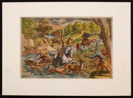 Antonio Tempesta (1555-1630): Őz és vaddisznó vadászat. Kézzel színezett rézmetszet. Jelzett. Paszpartuban / Hunting scene, colored etching. Signed, In paspartu. Etching size 30x20 cm