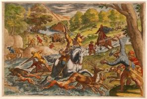 Antonio Tempesta (1555-1630): Őz és vaddisznó vadászat. Kézzel színezett rézmetszet. Jelzett. Paszpa...