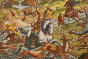 Antonio Tempesta (1555-1630): Őz és vaddisznó vadászat. Kézzel színezett rézmetszet. Jelzett. Paszpa...