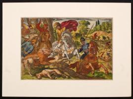 Antonio Tempesta (1555-1630): Medve vadászat. Kézzel színezett rézmetszet. Jelzett. Paszpartuban / Hunting scene, colored etching. Signed, In paspartu. Etching size 30x20 cm