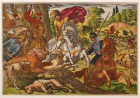 Antonio Tempesta (1555-1630): Medve vadászat. Kézzel színezett rézmetszet. Jelzett. Paszpartuban / H...