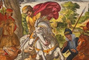 Antonio Tempesta (1555-1630): Medve vadászat. Kézzel színezett rézmetszet. Jelzett. Paszpartuban / H...