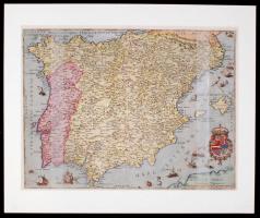 1593 Noua descriptio HIspania ac Septentrio. (Hispán félsziget) Gérard de Jode színezett rézmetszetes térképe Spanyolországról, a Speculum orbis terrarum (Antwerpen, 1593) c. munkából, hátulján Burgundia rövid történetével latin nyelven a térképen szörnyekkel, hajókkal, 53x41 cm. Paszpartuban / 1593 Noua descriptio HIspania ac Septentrio. Gérard de Jodes handcolored and etched map of HIspania from the Speculum orbis terrarum. ornamented with sea monsters (Antwerpen, 1593), with a brief history of Spain in Latin on the back, 53x41 cm