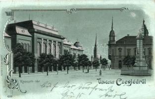 Cegléd, Kossuth tér éjjel; ezüstös díszítésű litho lap, kiadja Sebők Béla (EB)