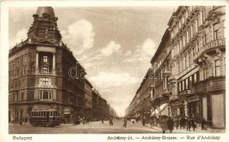 Budapest VI. Andrássy út, Takarékpénztár, villamos, Rigler No. 55 (EK)