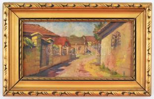 Olvashatatlan jelzéssel: Csendes kis utcában. Olaj, farost, fa keretben, jelzett, 9x17 cm