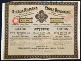 Románia / Bukarest 1927. "Steaua Romana Kőolajipari Részvénytársaság" részvénye 500L-ről szelvényekkel, bélyegzésekkel T:III Romania / Bucharest 1927. "Steaua Romana Petroleum Industry Corporation" share about 500 Lei with coupons and stamps C:F