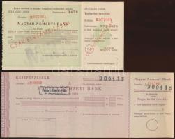 4db-os csekk tétel: "Magyar Nemzeti Bank", "Pesti Hazai Első Takarékpénztár-Egyesület", "Pesti Magyar Kereskedelmi Bank", mind kitöltetlen, benne 3db felülbélyegzett T:II
