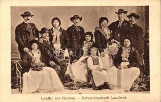 Keresztényszigeti Landlerek népviseletben, kiadja Kusntanstalt Jos. Drotleff No. 417. / Landlers in traditional dresses, Transylvanian folklore from Cristian, 'Vasútontúli Magyar Szomszédság' So. Stpl. (EB)