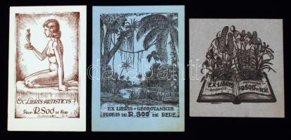 1934 Várkonyi Károly (1910-2001): Prof. Dr. Berei Soó Rezső (1903-1980) botanikus, számára készített ex librisek. Összesen 3 db.  Papír, klisé, a dúcon jelzettek. 15x12 cm és 11,5x10,5 cm között.