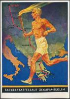 1936 Berlini Olimpia fáklyafutás képeslap kartonra ragasztva / Berlin Olympic Games postcard glued o...
