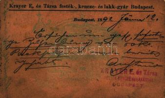 1892 (Vorläufer!!) Budapest, Krayer E. és Társa festék-, kencze- és lakkgyára; nagyon ritka, korai képeslap, ismeretlen kiadás / rare early Hungarian postcard (b)