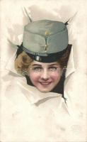 Hölgy Császári és Királyi hadsereg kalapjában; H. & S. B. No. 1981, litho, Lady in K.u.K. soldier hat; H. & S. B. No. 1981, litho