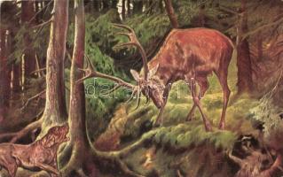 Stag against a hunting dog (worn edges)