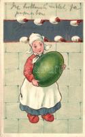 Easter, girl in traditional dress with giant egg, Dutch folklore, litho, Emb. (fa)