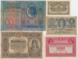 24db klf korona bankjegy jobb darabokkal, közte 1914. 50K "MAGYARORSZÁG" felülbélyegzéssel...