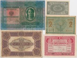 24db klf korona bankjegy jobb darabokkal, közte 1914. 50K "MAGYARORSZÁG" felülbélyegzéssel...