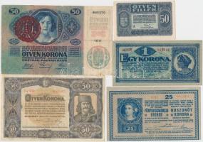 24db klf korona bankjegy jobb darabokkal, közte 1914. 50K "MAGYARORSZÁG" felülbélyegzéssel...